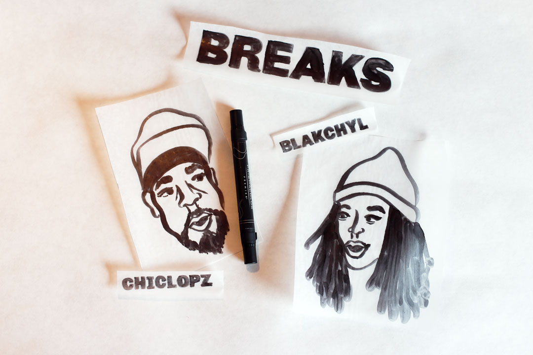 Illustrative portraits of Chiclopz (left) and Blakchyl (right) in black art marker.