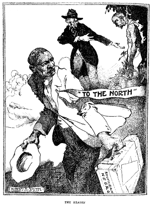 An illustration of a slave running away to the north while a white person lynches a black person in the background.