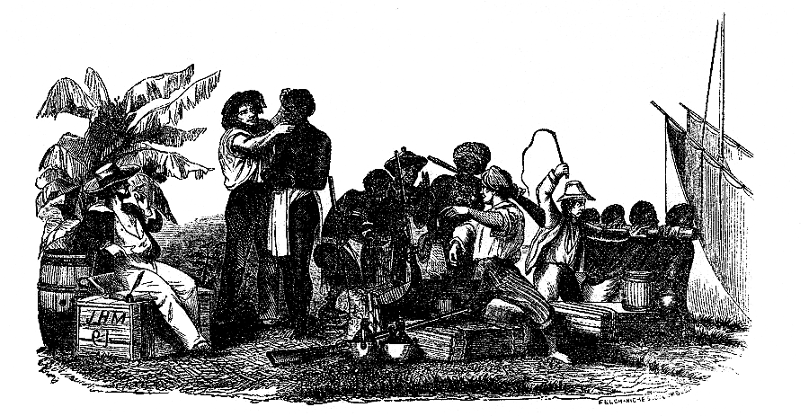 A black and white illustration depiciting a white men capturing and enslaving black people.